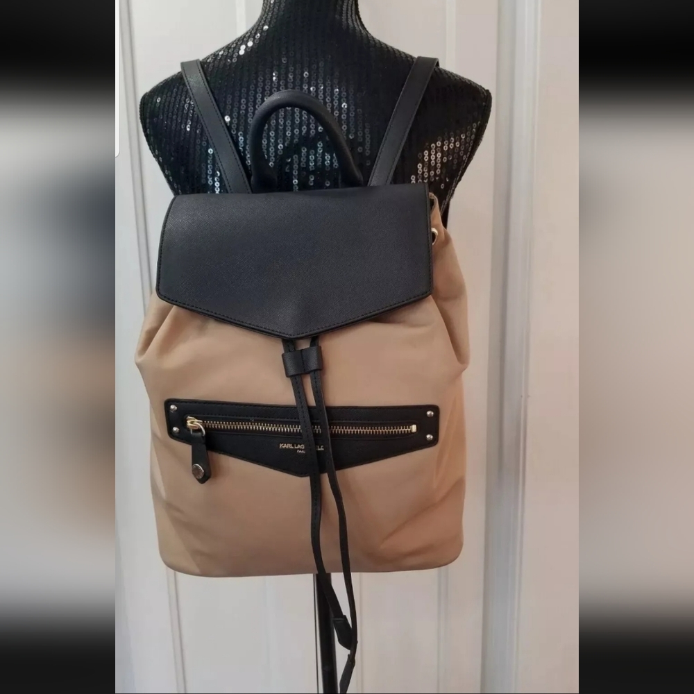 EUC Karl Lagerfeld Paris Large Tan/Black Nylon Backpack/Shoulder Bag - Picture 2 of 16